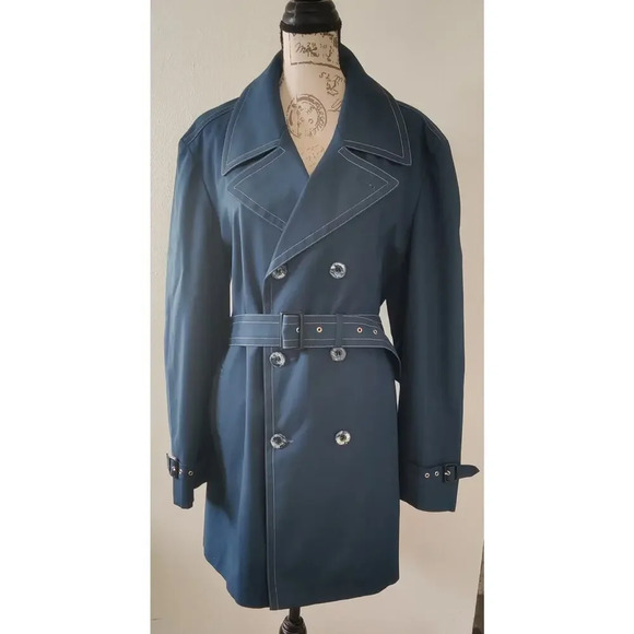 London Fog Navy Blue Trench Coat Utility Jacket Belted Size 14 Double Breasted - Picture 3 of 9